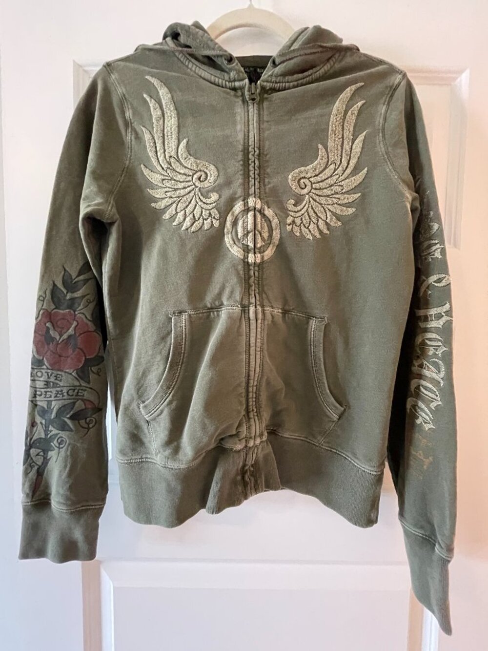 Vintage Lucky Brand Tattoo Sleeve Embroidered Angel Wings Zip Up Hoodie M